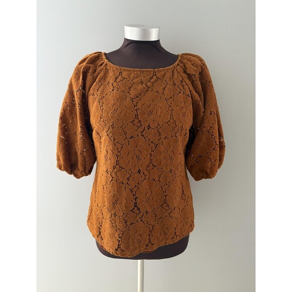 Dolan Left Coast Norah Medium Caramel Corduroy Puff Sleeve Lace Floral Boho - Picture 1 of 16